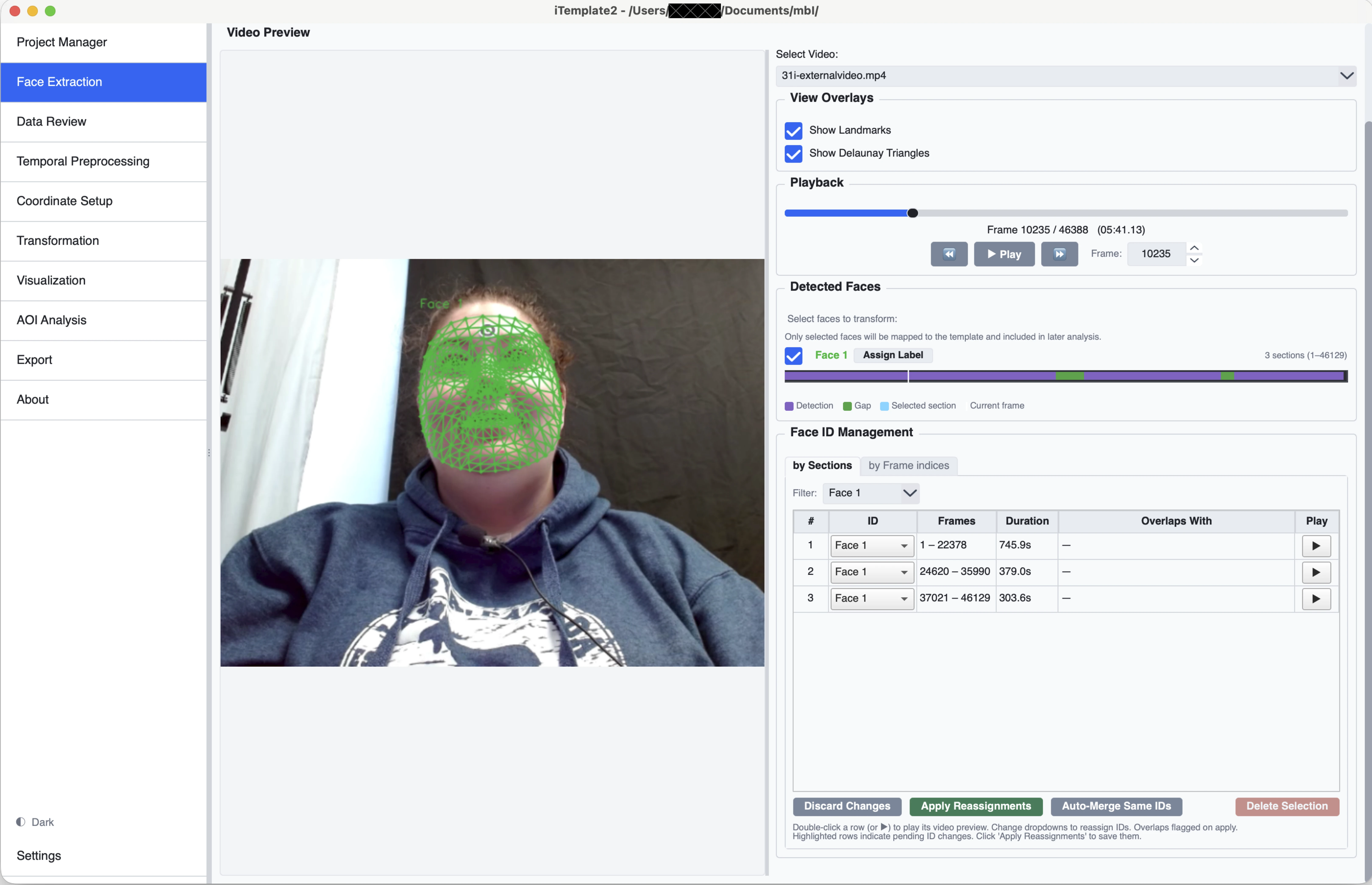 iTemplate2 face extraction interface with detected facial landmarks