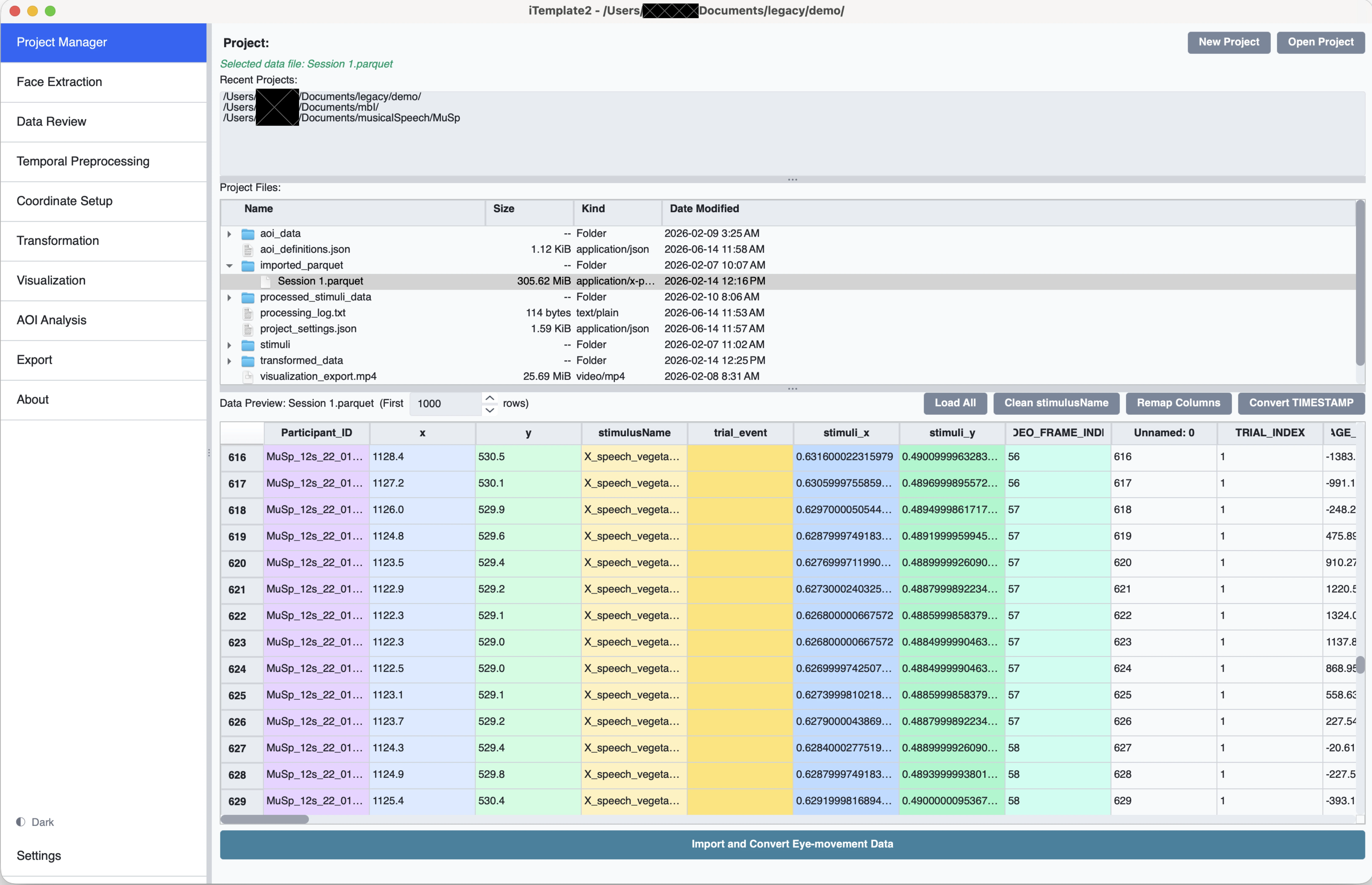 iTemplate2 project manager for organizing eye-tracking analysis files